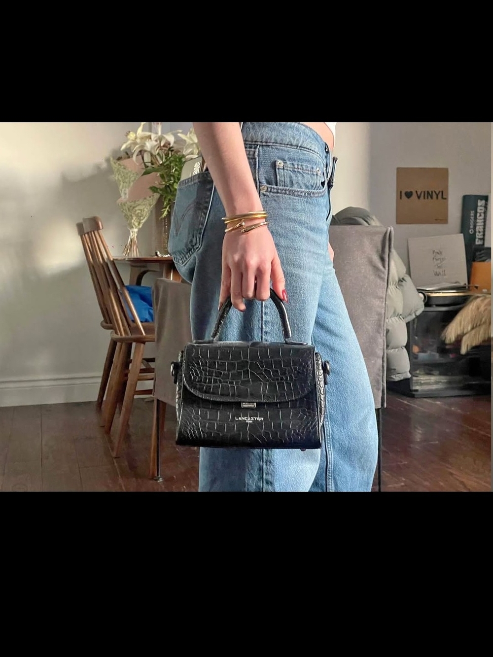 Black Croc-Embossed Top-Handle Satchel